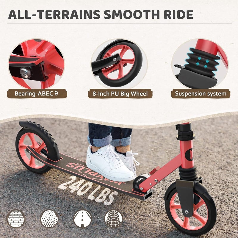 WAYPLUS Kick Scooter for Ages 6+,Kid, Teens & Adults. Max Load 240 LBS. Foldable, Lightweight, 8IN Big Wheels for Kids, Teen and Adults, 4 Adjustable Levels. Bearing ABEC9 - Image 4